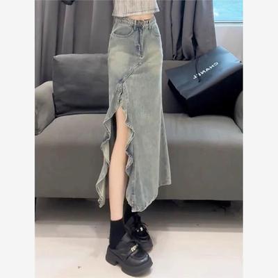高腰不规则牛仔长裙半身裙女夏季大码胖mm小个子a字包臀鱼尾半裙