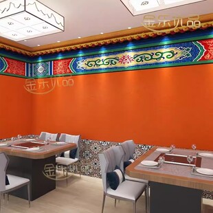 中式民族风彩绘瓷砖复古建筑屋檐故宫红墙壁纸国潮火锅店装修墙纸