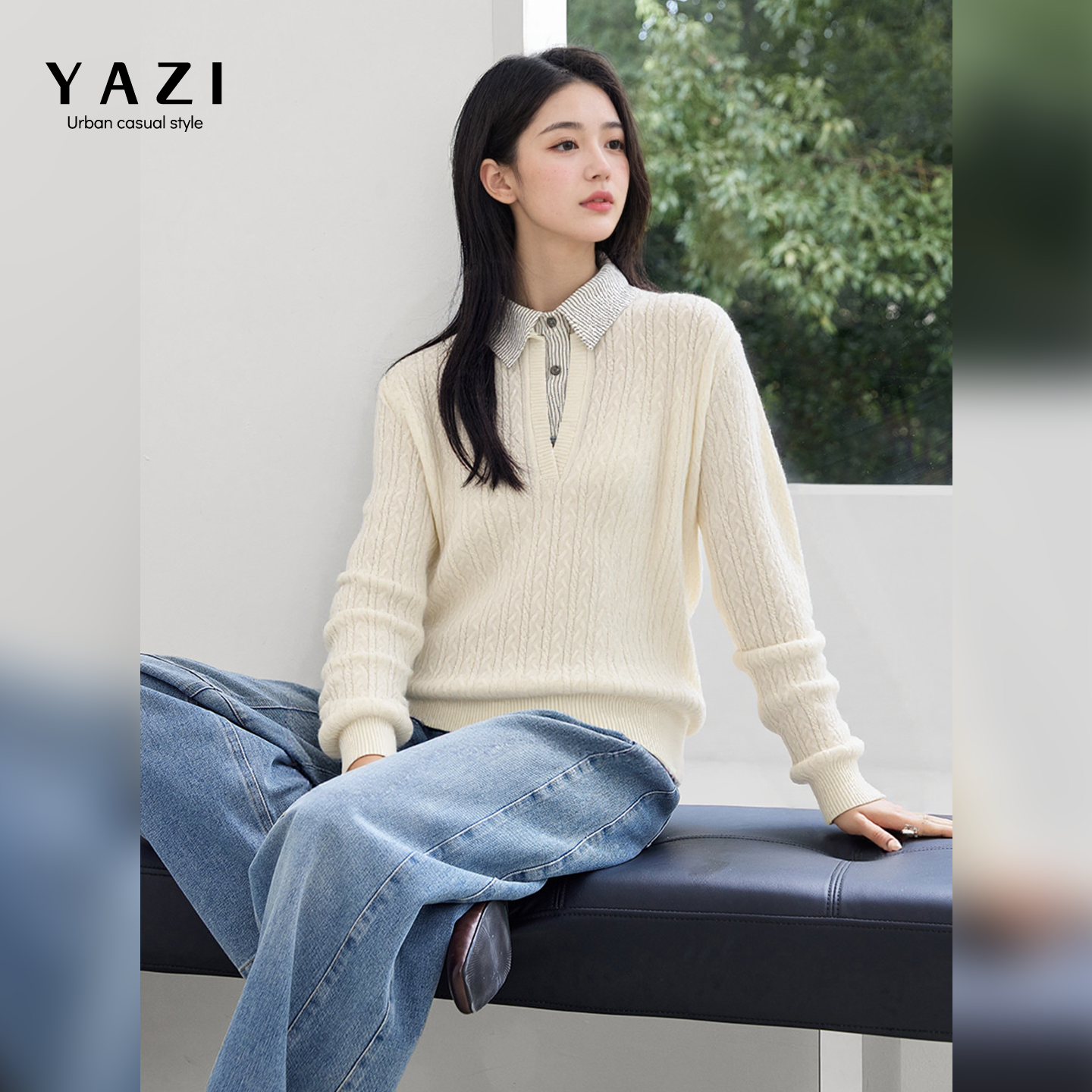 2026早春假两件条纹衬衫领毛衣 复古麻花提花100%绵羊毛宽松显瘦