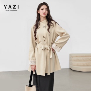 2025秋新职场通勤蕾丝袖口立领风衣女腰带收腰法式温柔中长款外套