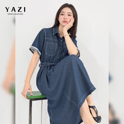 深蓝色薄款复古牛仔连衣裙女夏新款小个子高级感韩版中长款衬衫裙