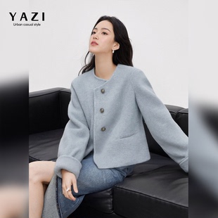 100%绵羊毛雾霾蓝双面呢短款外套女2026早春韩系宽松显瘦显高通勤