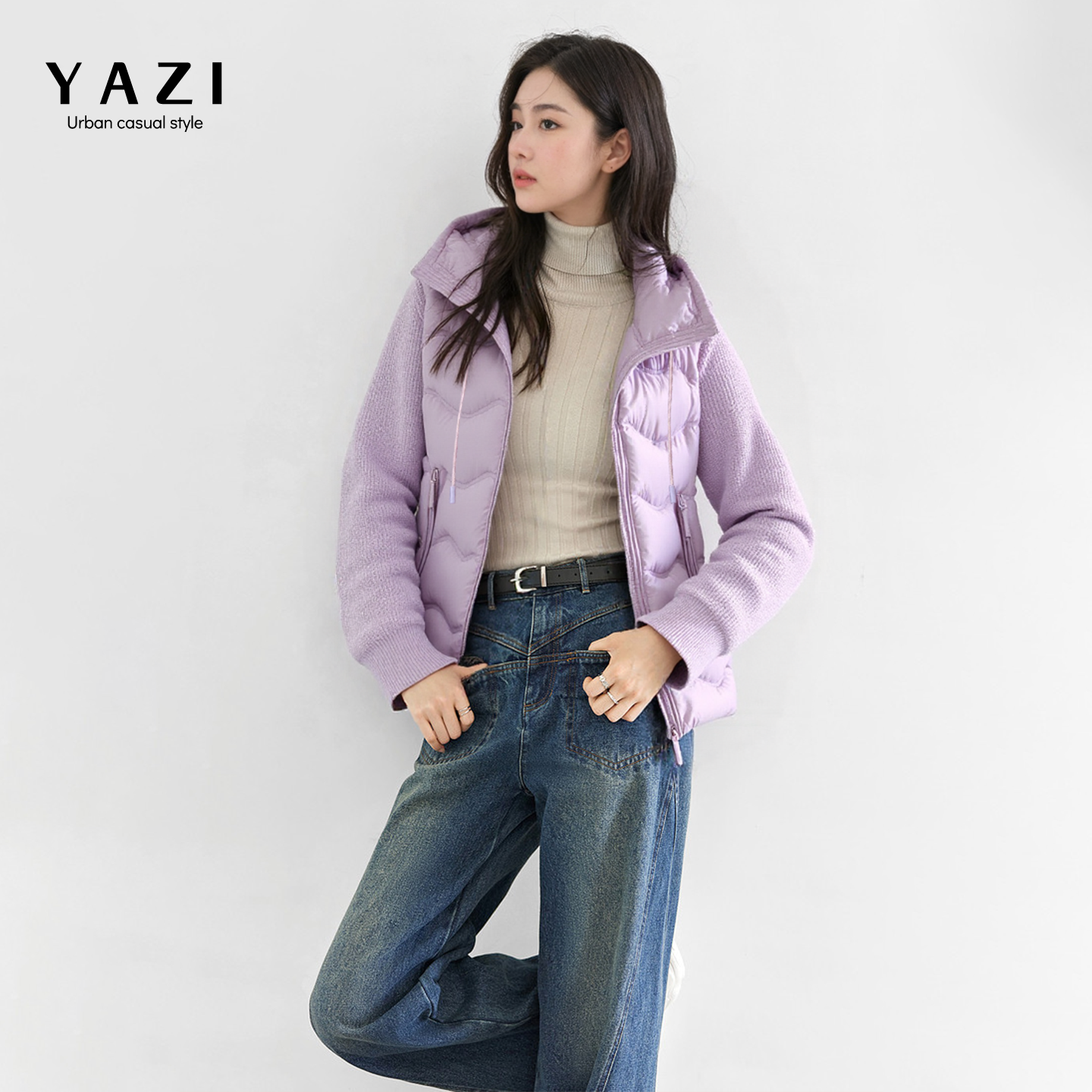 香芋紫针织拼接羽绒服女短款显瘦