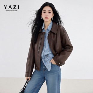 美式棕色高级感皮衣外套女2026早春新款短款宽松翻领哑光显瘦夹克