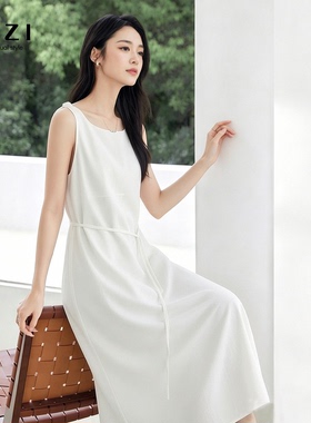 100%苎麻极简白色无袖连衣裙女2026夏新款收腰显瘦知性通勤中长裙