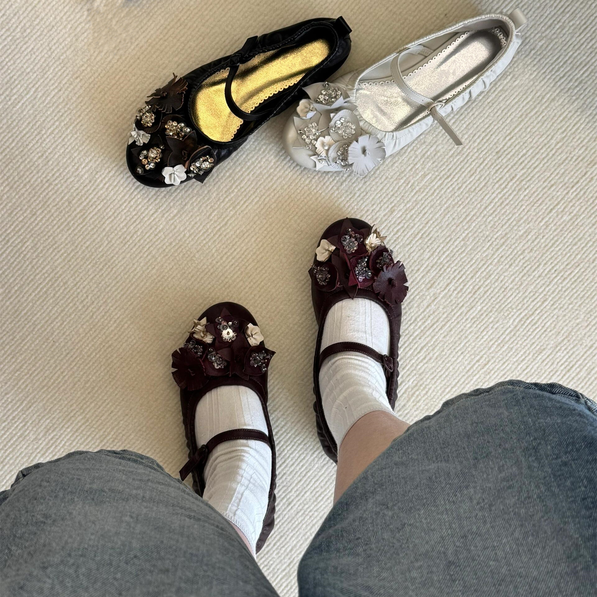 牛皮版~复古花朵串珠玛丽珍鞋女一字扣带平底芭蕾单鞋百搭奶奶鞋,女鞋,玛丽珍鞋,淘宝优惠券,粉丝福利购,淘宝优惠卷