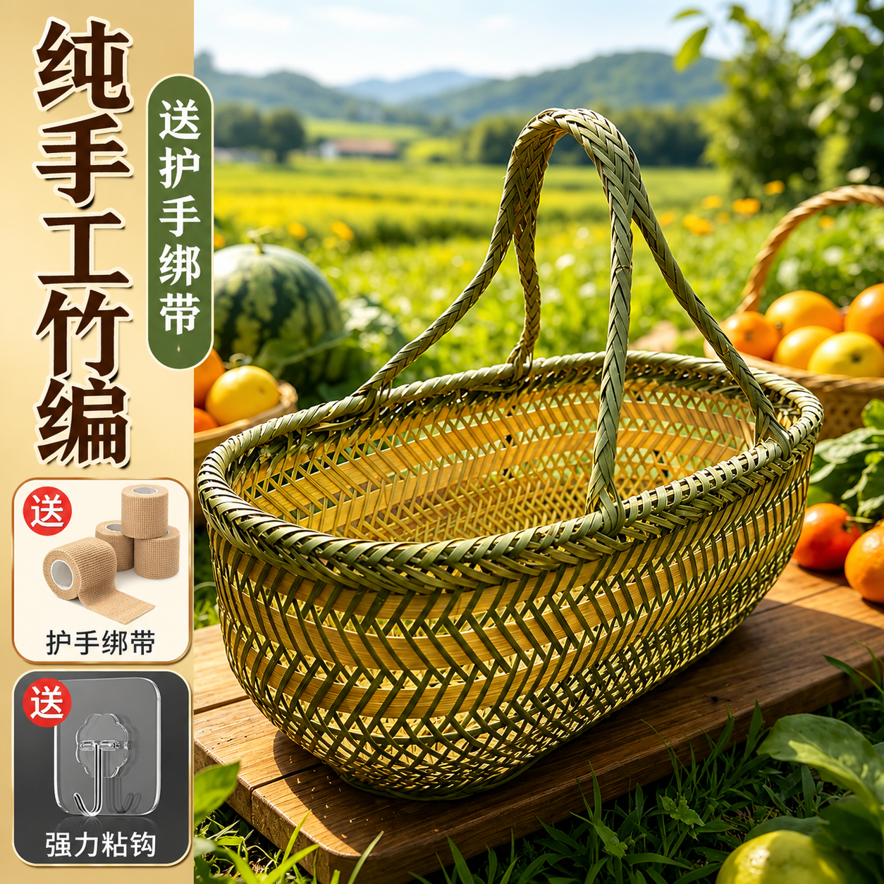 竹篮子手工编织挂篮手提菜水果篮购物篮鸡蛋篮收纳野餐篮摆摊竹筐