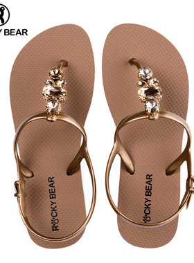 洛克熊水钻罗马凉鞋女2024夏款夹脚凉鞋女度假沙滩人字凉鞋黑色