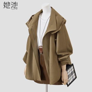 时尚 女装 休闲长袖 宽松款 风衣 她池连帽外套2026春季 显瘦中长款 新款