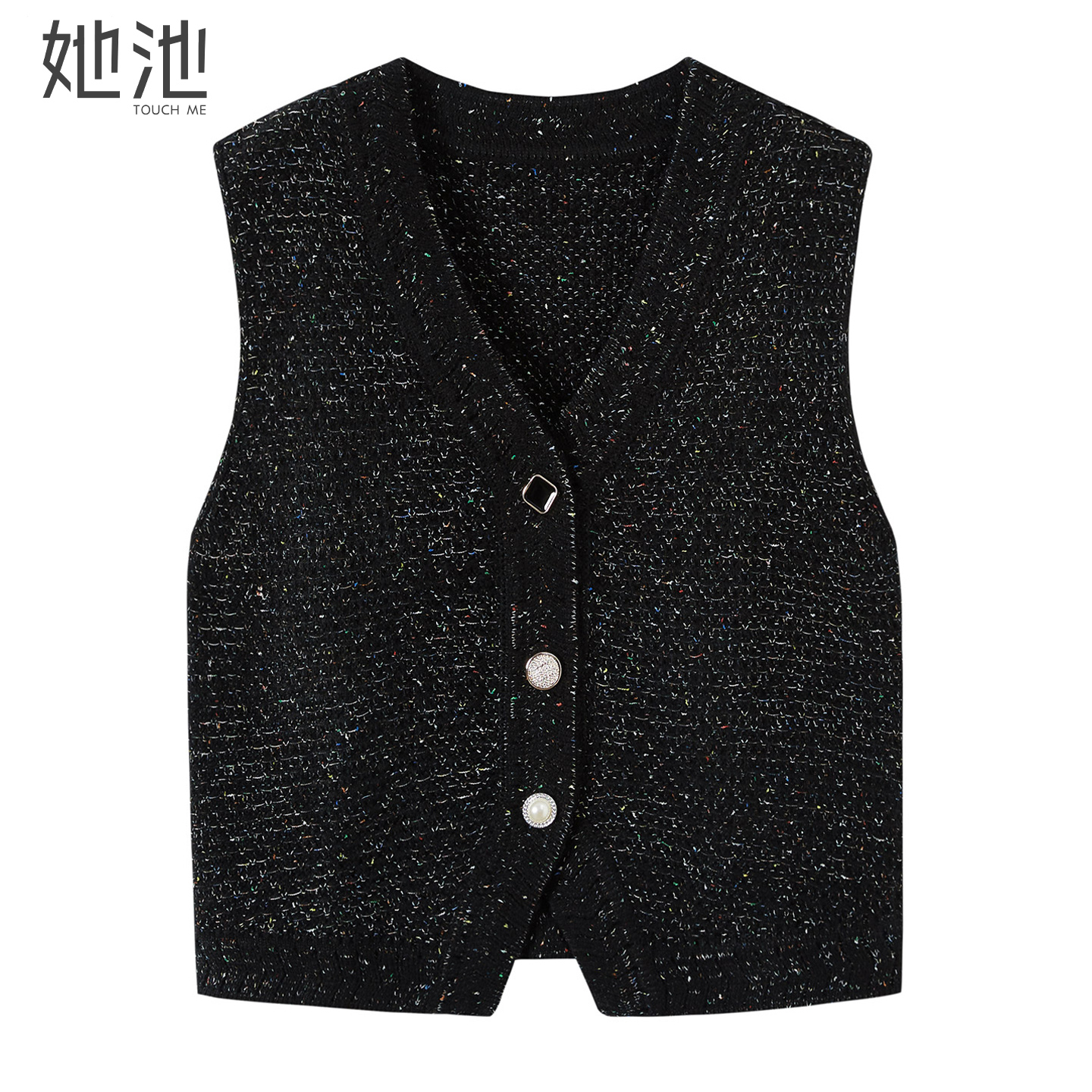 她池单排扣叠穿修身短款V领马夹