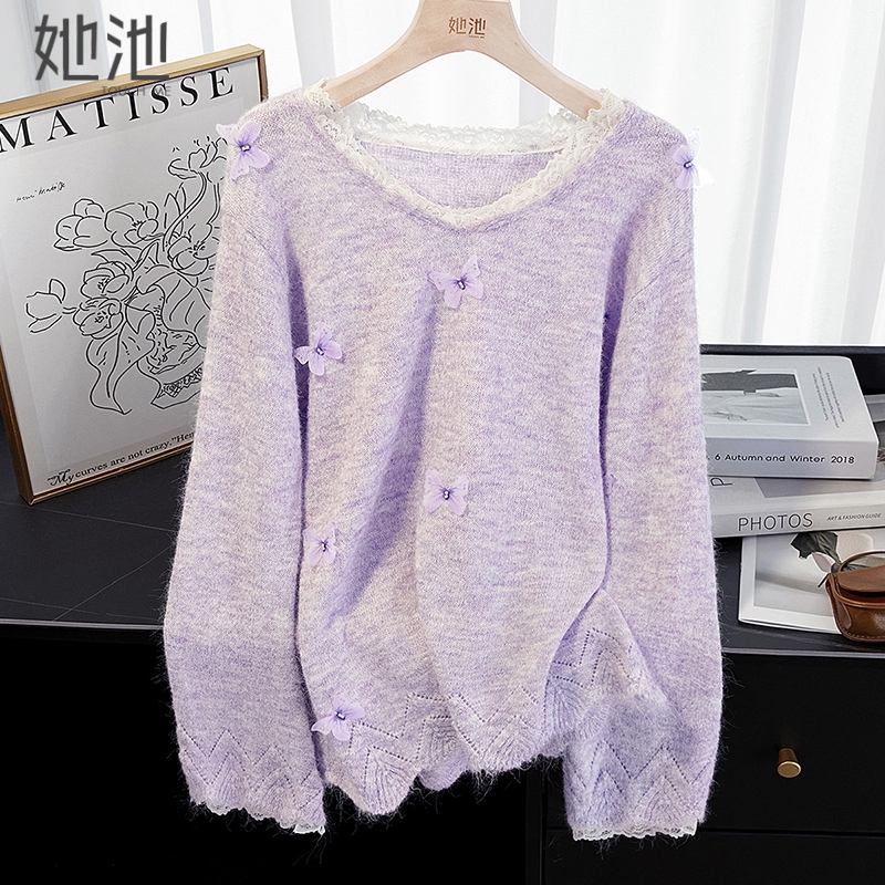 她池长袖蕾丝边拼接宽松款针织衫