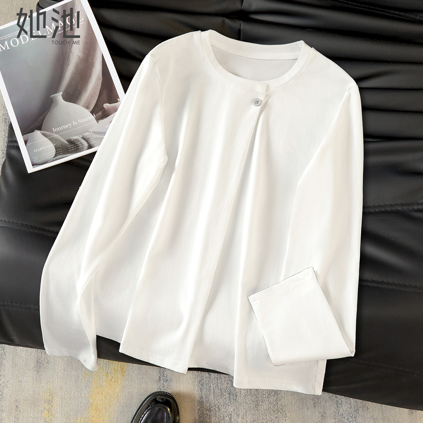 她池设计感压褶圆领套头长袖T恤