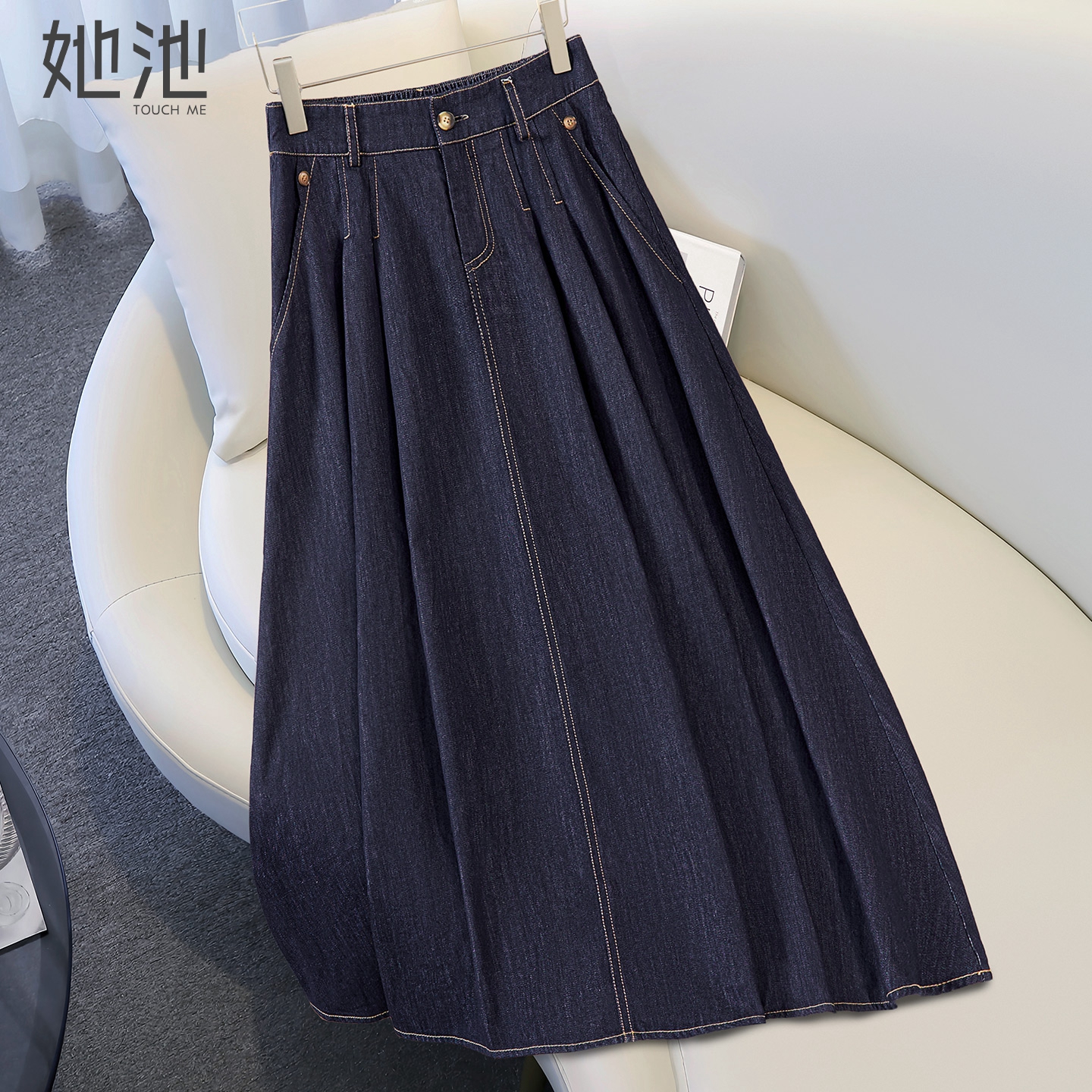 她池高腰中长款休闲牛仔半身裙