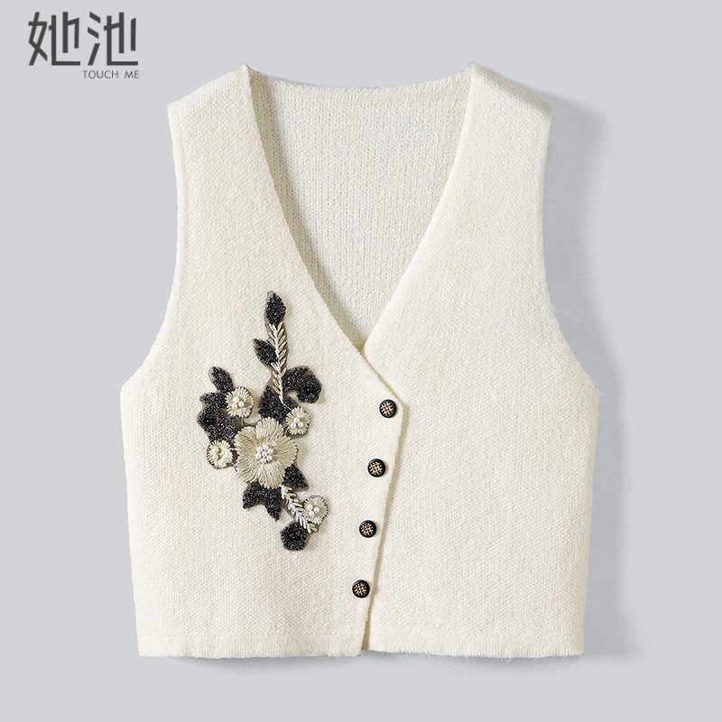 她池单排扣短款V领钉珠绣花马甲