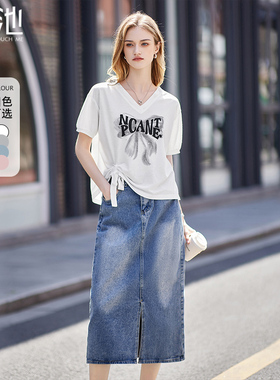 她池甜酷T恤2026夏装新款女装时尚V领设计感抽褶印花短袖宽松上衣