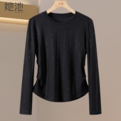 2026春装 简约长袖 新款 她池烫钻打底衫 女装 修身 圆领短款 正肩T恤