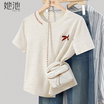 她池时尚撞色蝴蝶结圆领正肩T恤