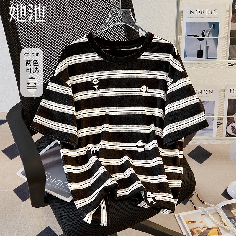 她池中长款T恤2025夏装新款女装撞色条纹卡通刺绣宽松款短袖上衣