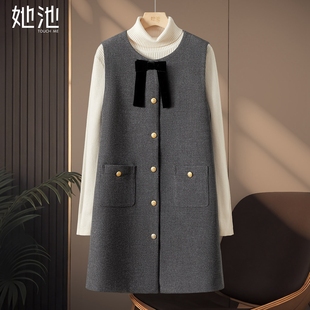 她池圆领连衣裙2025秋装新款女装优雅小香风显瘦中长款叠穿背心裙