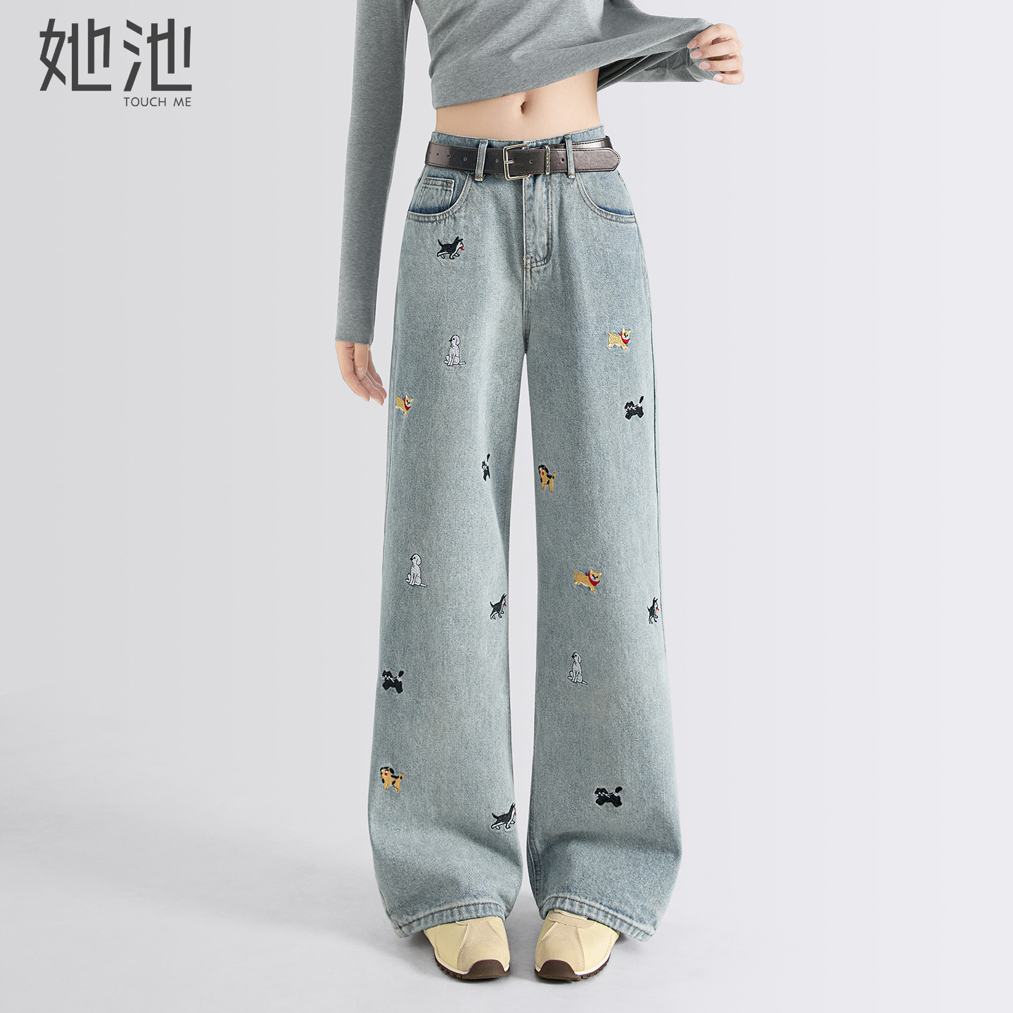 她池直筒长款高腰卡通刺绣牛仔裤
