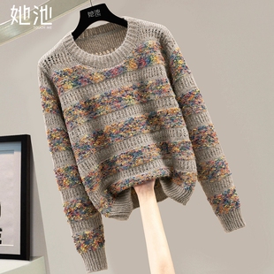 复古设计感拼色圆领套头短款 她池宽松款 女装 新款 上衣 毛衣2025秋装