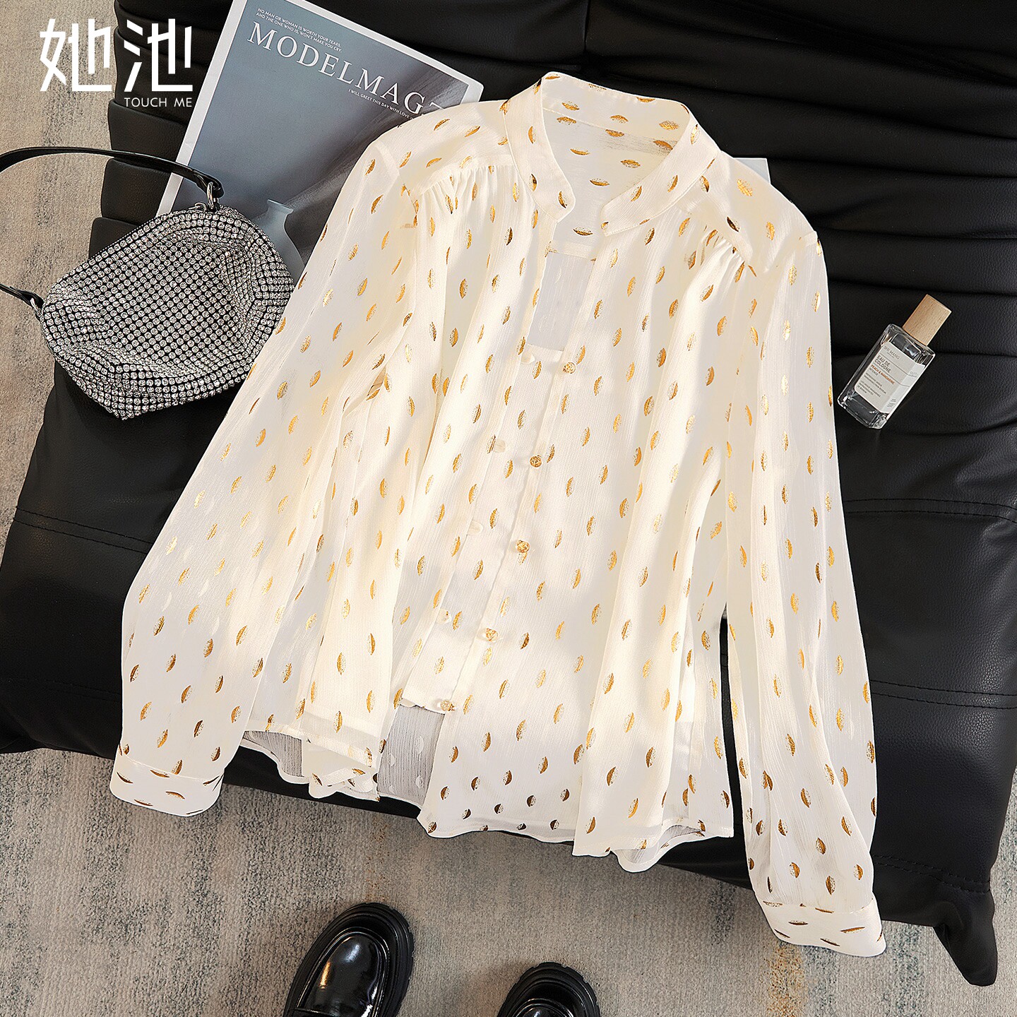 她池单排扣衬衫2026春装新款女装时尚设计感正肩长袖气质短款上衣