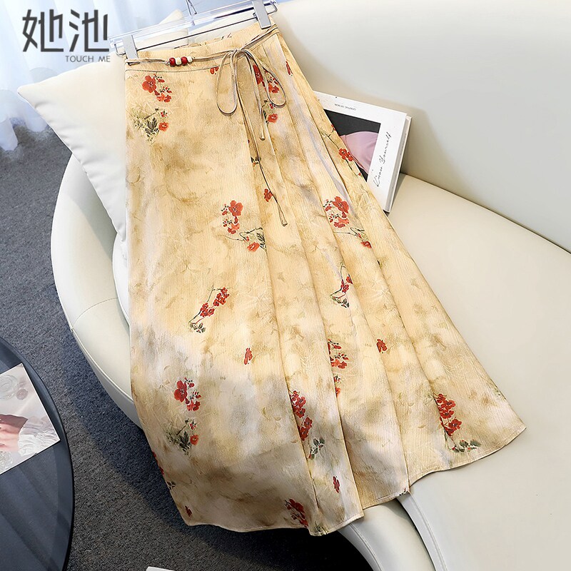 她池新中式印花裙2026春装新款女装国风抽褶中长款高腰A字半身裙