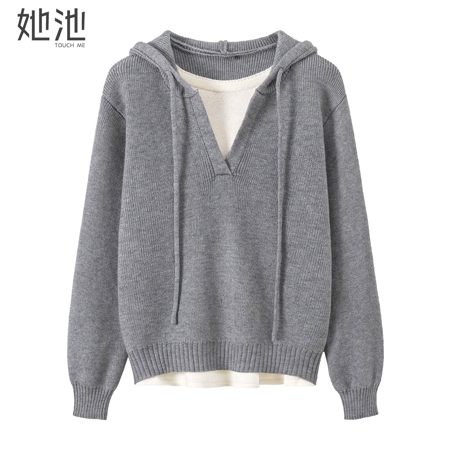 她池假两件撞色拼接连帽针织衫