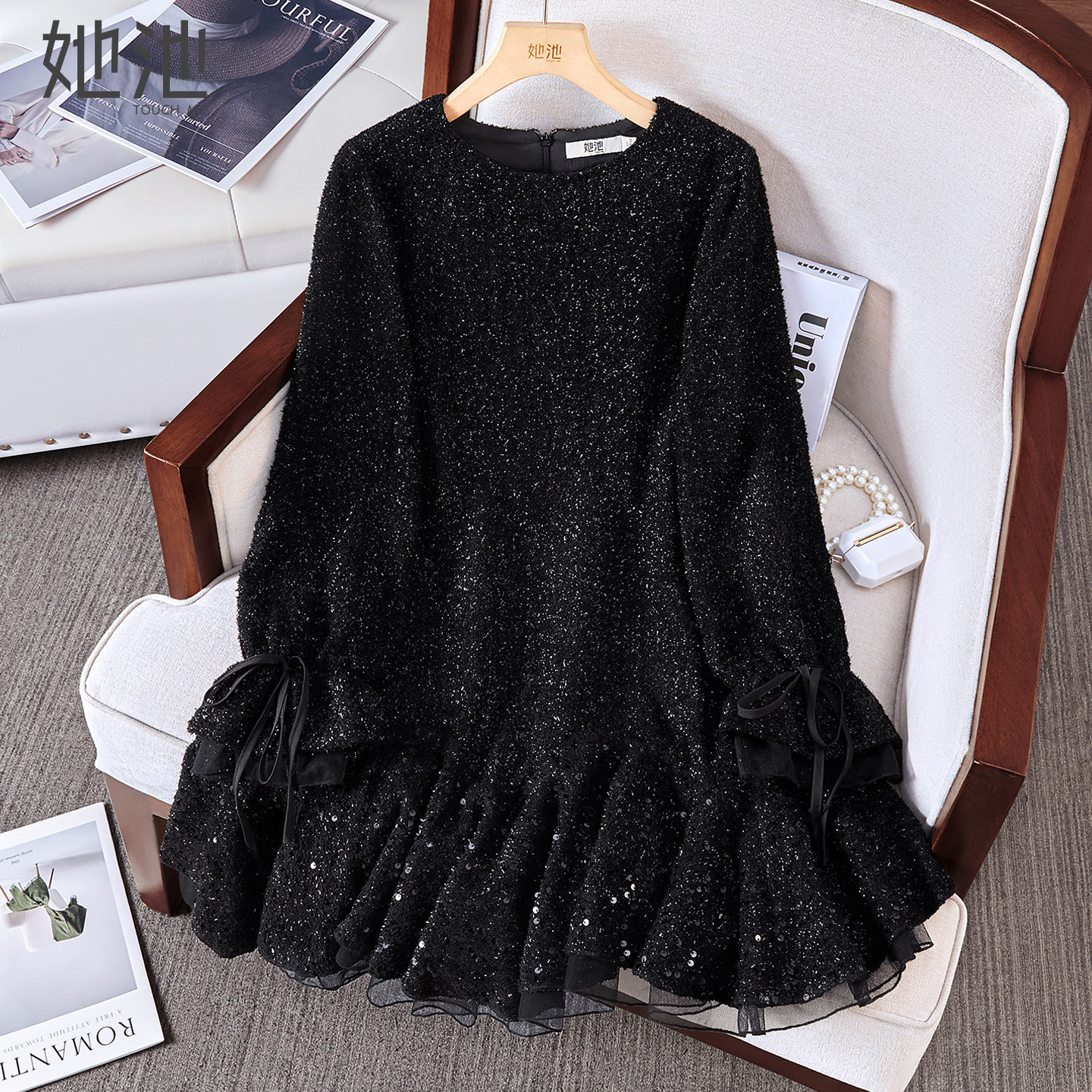 她池圆领连衣裙2026春装新款女装优雅气质亮片网纱拼接长袖短裙,女装/女士精品,连衣裙,淘宝优惠券,粉丝福利购,淘宝优惠卷