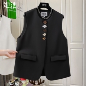 西装 她池圆领马甲2026春装 马夹 设计感彩扣宽松款 中长款 新款 女装