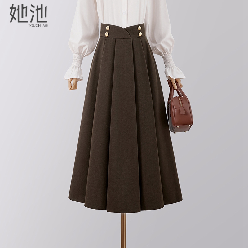 她池A字高腰复古气质中长半身裙