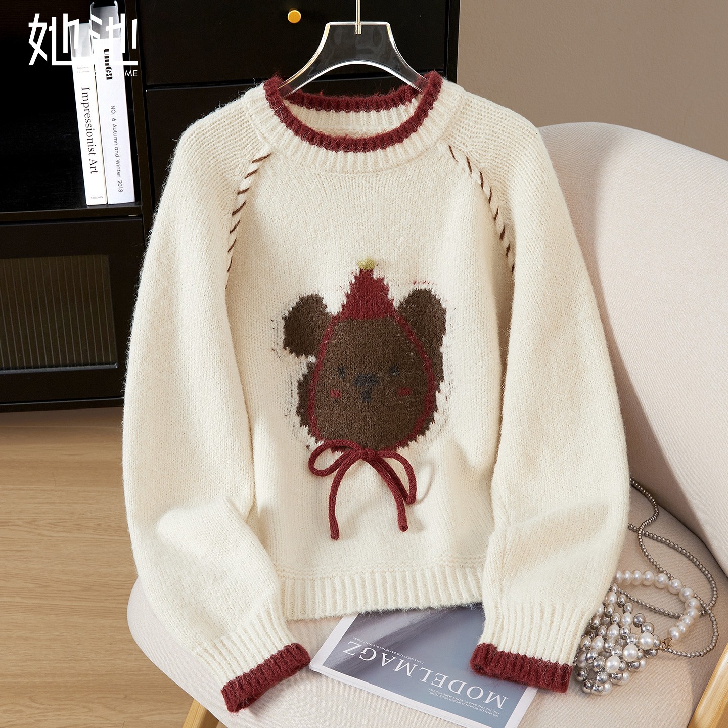 她池卡通毛衣2025冬装新款女装时尚减龄圆领宽松款插肩长袖上衣,女装/女士精品,毛衣,淘宝优惠券,粉丝福利购,淘宝优惠卷