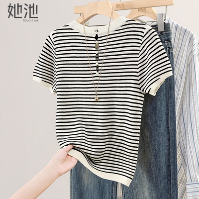 她池撞色条纹短袖圆领简约针织衫