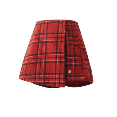 女童短裤秋冬季外穿儿童红色格子毛呢裙裤新款小学生本命年裤裙子