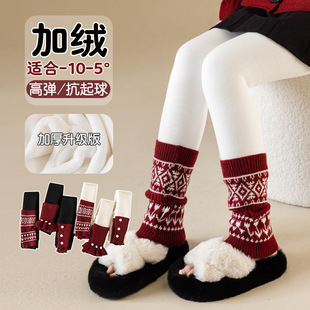 女童打底裤袜秋冬高弹力新年宝宝裤子加绒加厚红色袜套拼接连袜裤