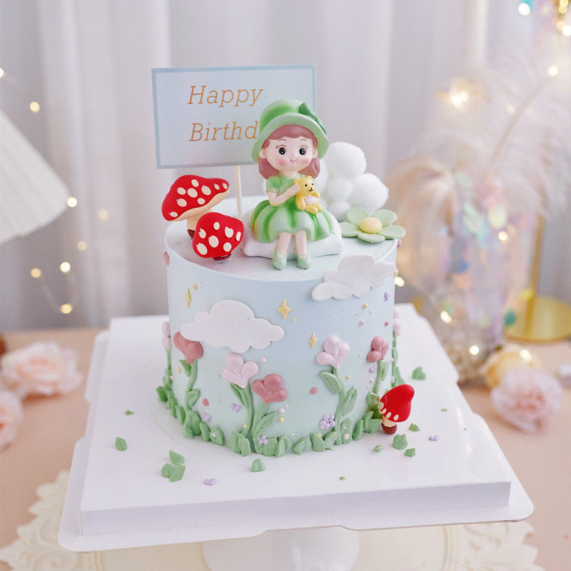 儿童蛋糕装饰摆件坐姿抱熊小女孩小帽子女生仙女生日蛋糕装扮插件