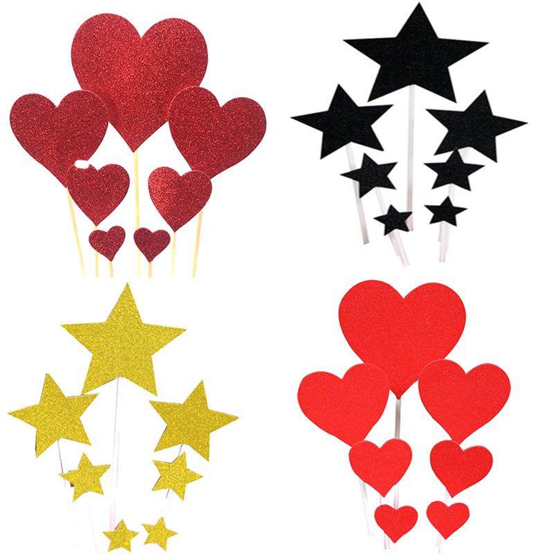 金色红色大小心形爱心星星五角星插牌插件套装生日蛋糕烘焙装饰