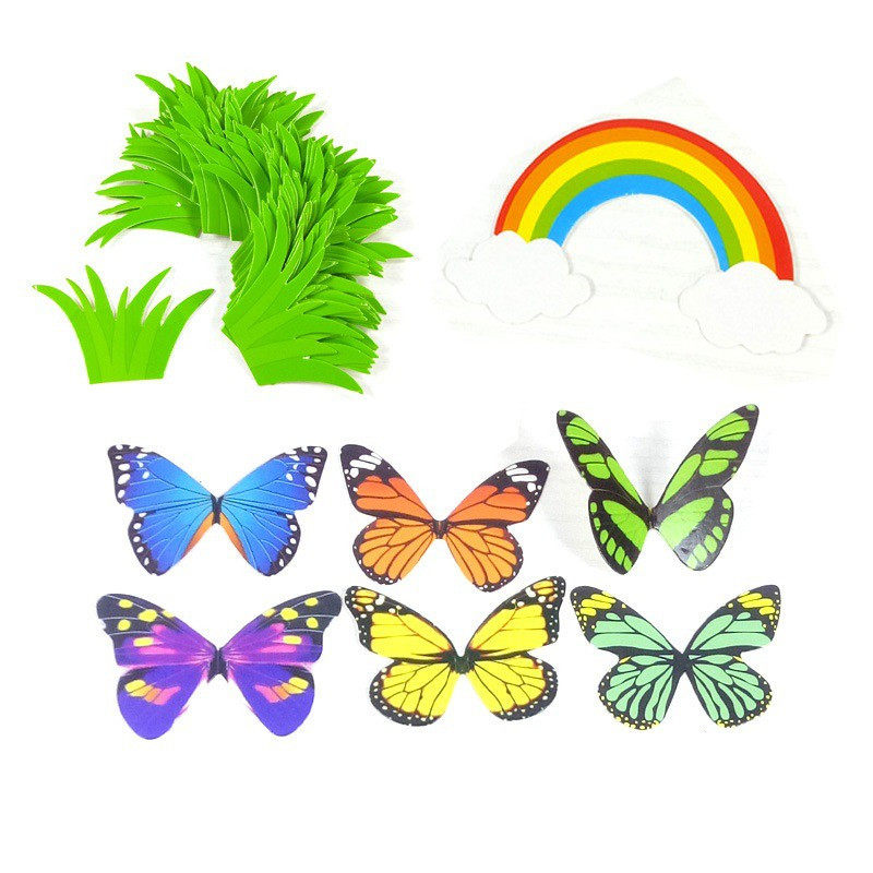 新品小草生日蛋糕装饰插牌 青草彩虹蝴蝶椰树派对烘焙装扮摆件