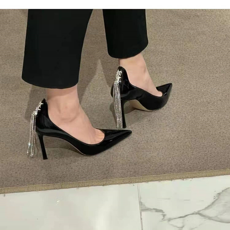 《高端女鞋》   性感女神尖头细高跟单鞋女   漆皮浅口水钻高跟鞋