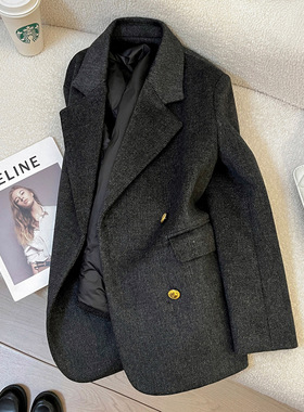 今年流行特惠深灰色斜纹毛呢羽绒内胆西装外套女2025冬季新款英伦