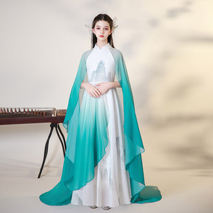新款古筝演出服女童中国风水墨长裙蓝渐变色民乐演奏礼服千里江山