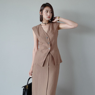 2024新款轻奢亚麻无袖收腰垫肩西装马甲套装裙气质干练高级感