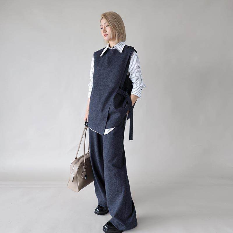2024秋冬新款藏蓝色套装通勤无袖羊毛西装马夹外套女休闲阔腿裤女