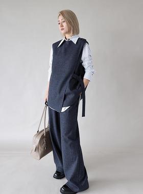 2024秋冬新款藏蓝色套装通勤无袖羊毛西装马夹外套女休闲阔腿裤女