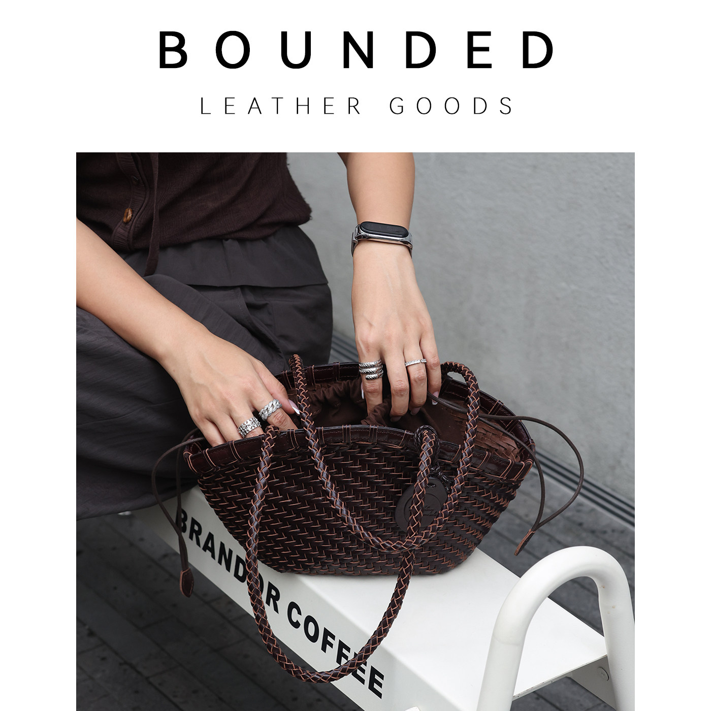 bounded有界 26新款复古手工编织包真皮半圆菜篮子手提腋下包