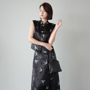 新中式国风印花马甲背心女款夏季套装裙复古盘扣开叉半身裙两件套