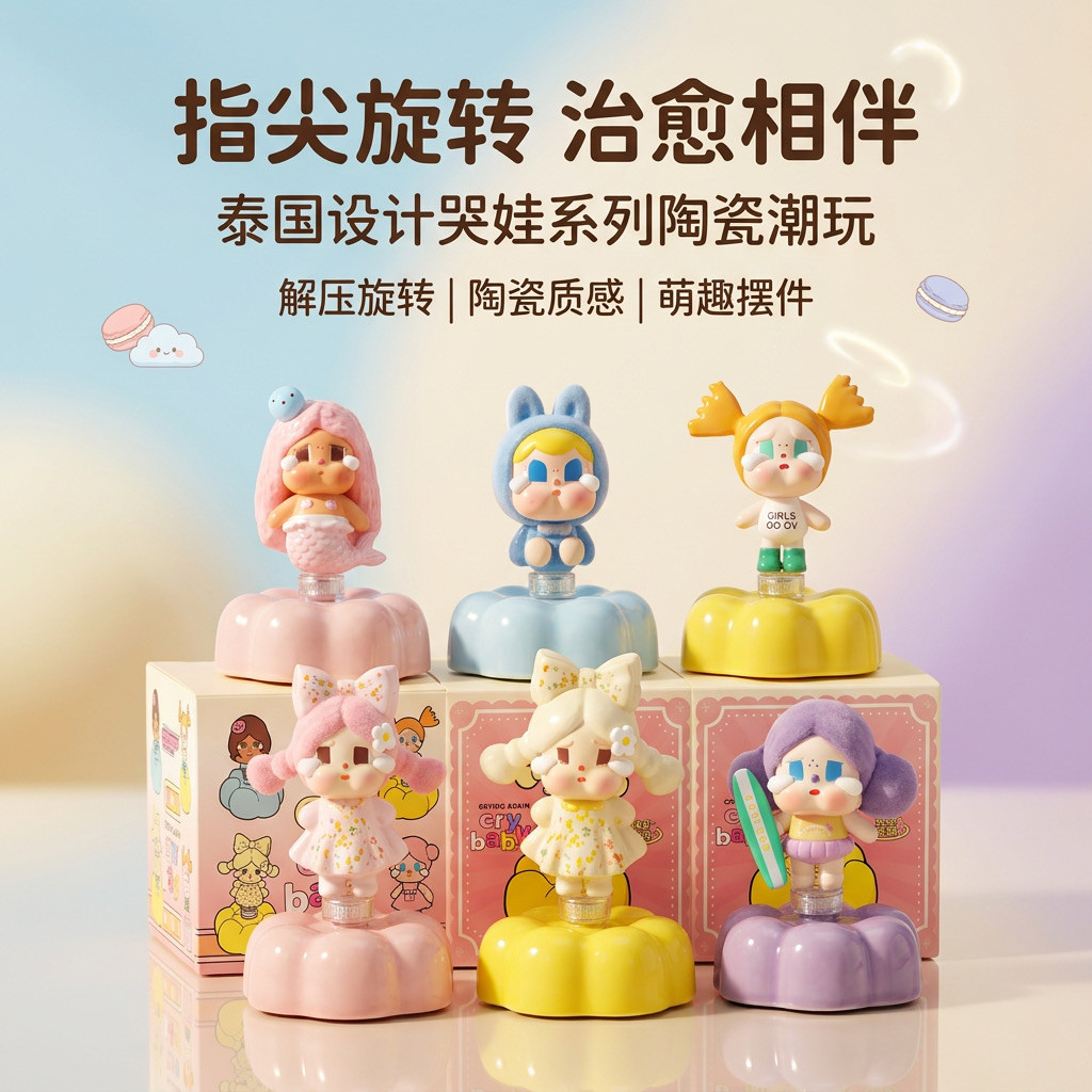 6款装【礼盒装】哭娃景德镇陶瓷转转创意可爱DIY旋转桌面礼物摆件