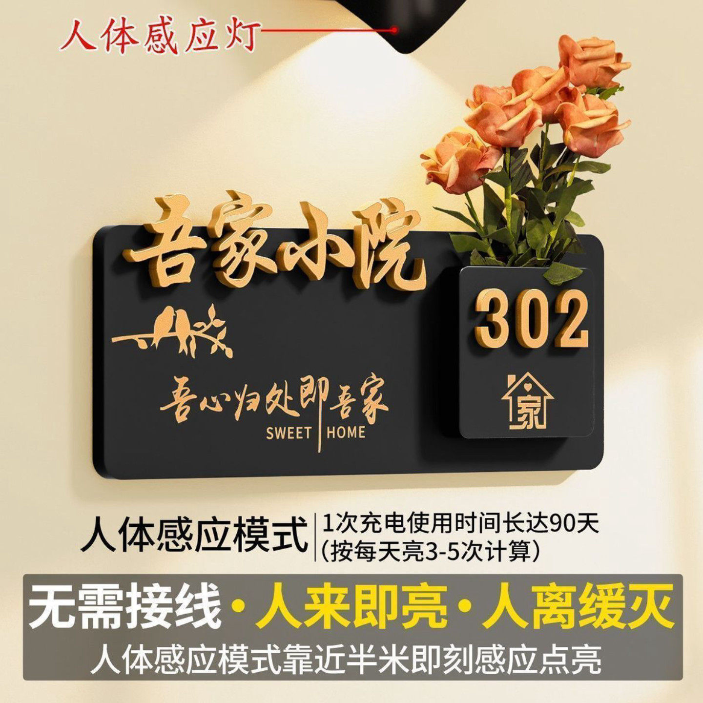 2026插花门牌号轻奢家用入户门号码牌创意住宅挂牌充电感应灯