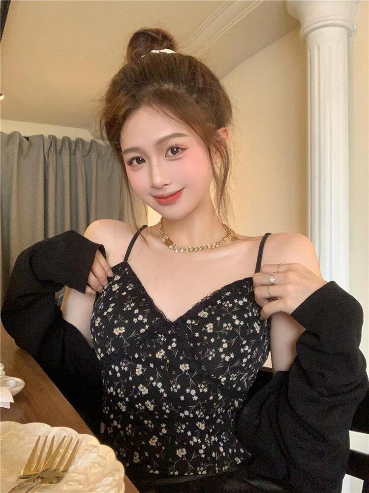 复古蕾丝花边V领碎花吊带背心女背心吊带