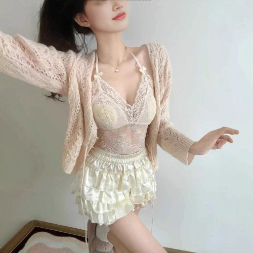 CreamySweet慵懒美人 甜美挂脖蕾丝内搭无钢圈带胸垫性感美背吊带